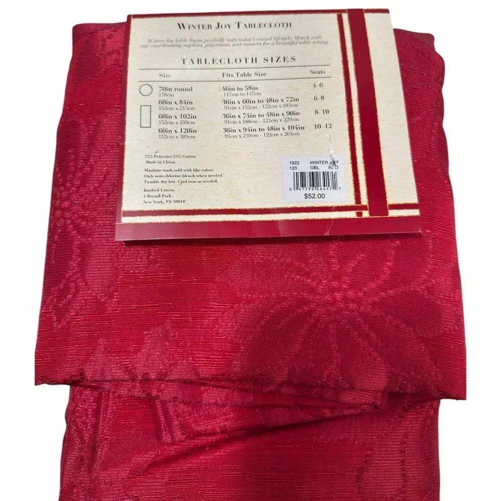 NEW Bardwil Winter Joy Tablecloth Red Damask Poinsettia 60” x 120” Christmas NIP